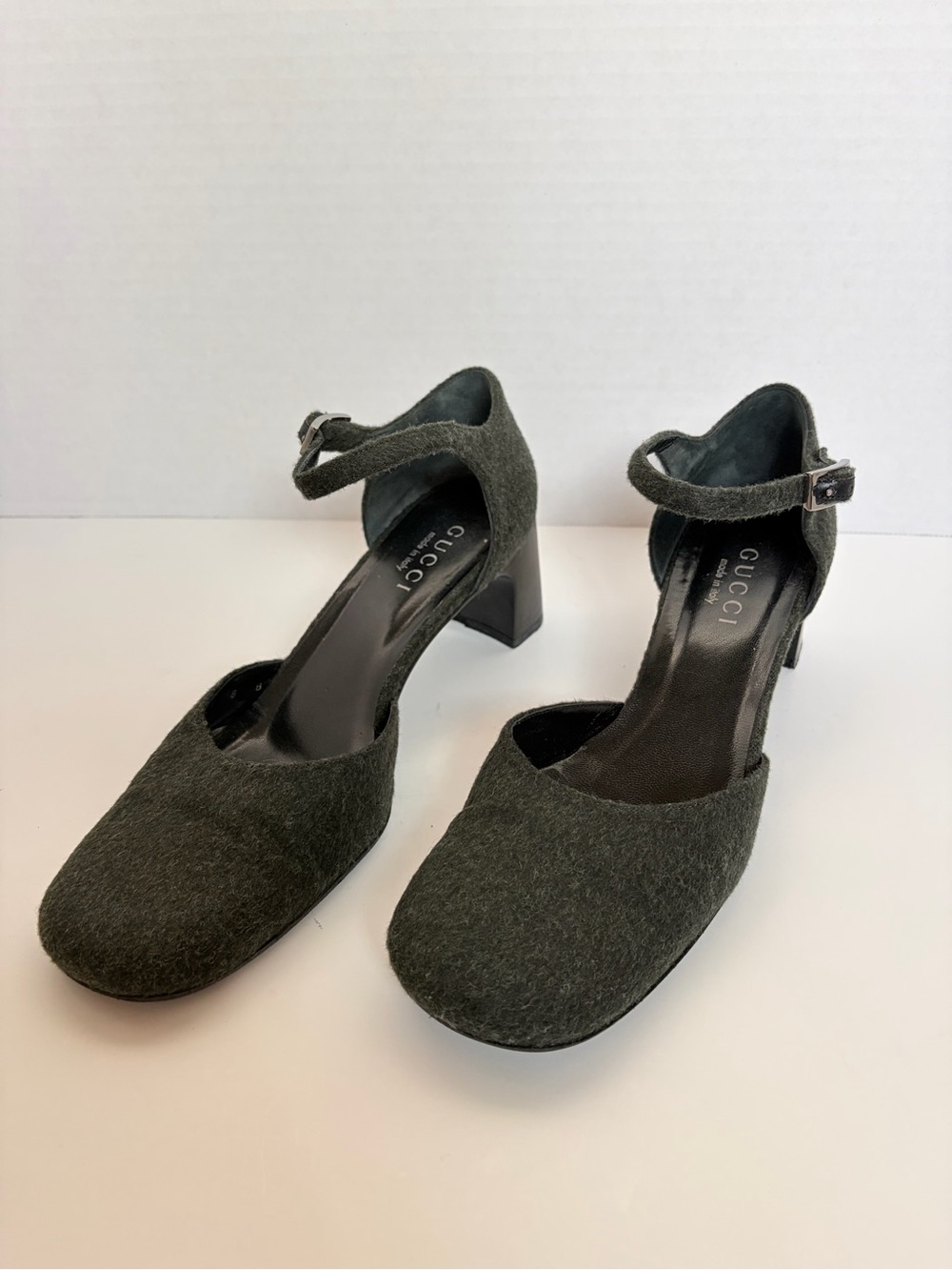 Gucci Mary Jane Pumps Vintage Ankle Strap Block Heel Wool Dark Green Size 38.5C - Picture 2 of 16
